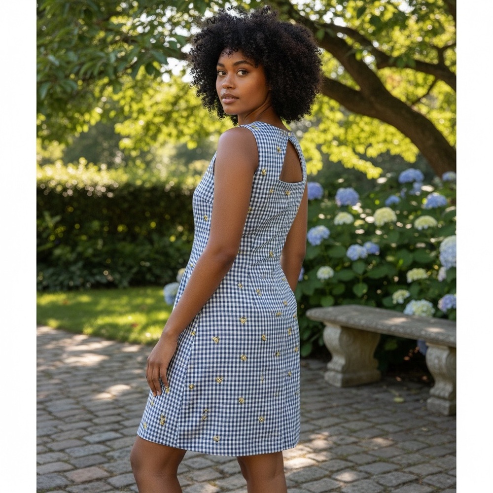 Blue Gingham Sleeveless Shift Dress with Floral Embroidery